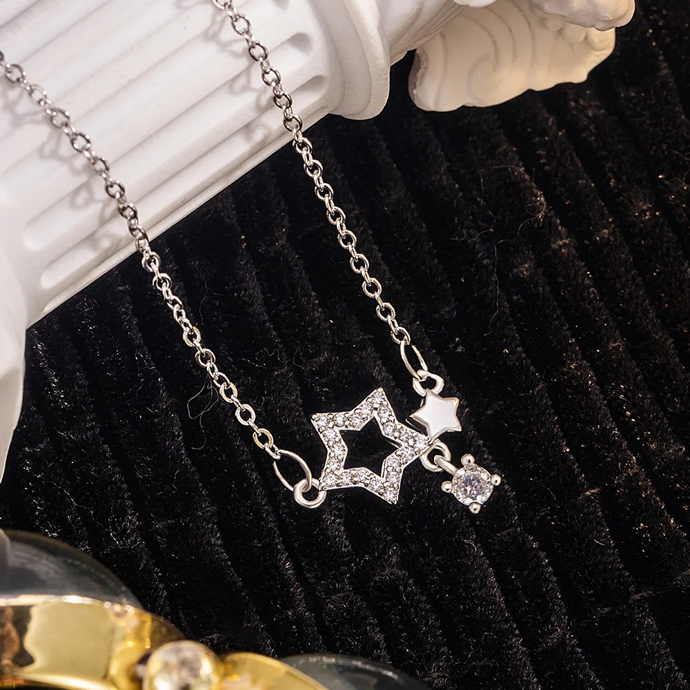 925 Sterling Silver Simple Fashion Hollow Star Zircon Ladies Necklace Birthday Anniversary Wedding Gift
