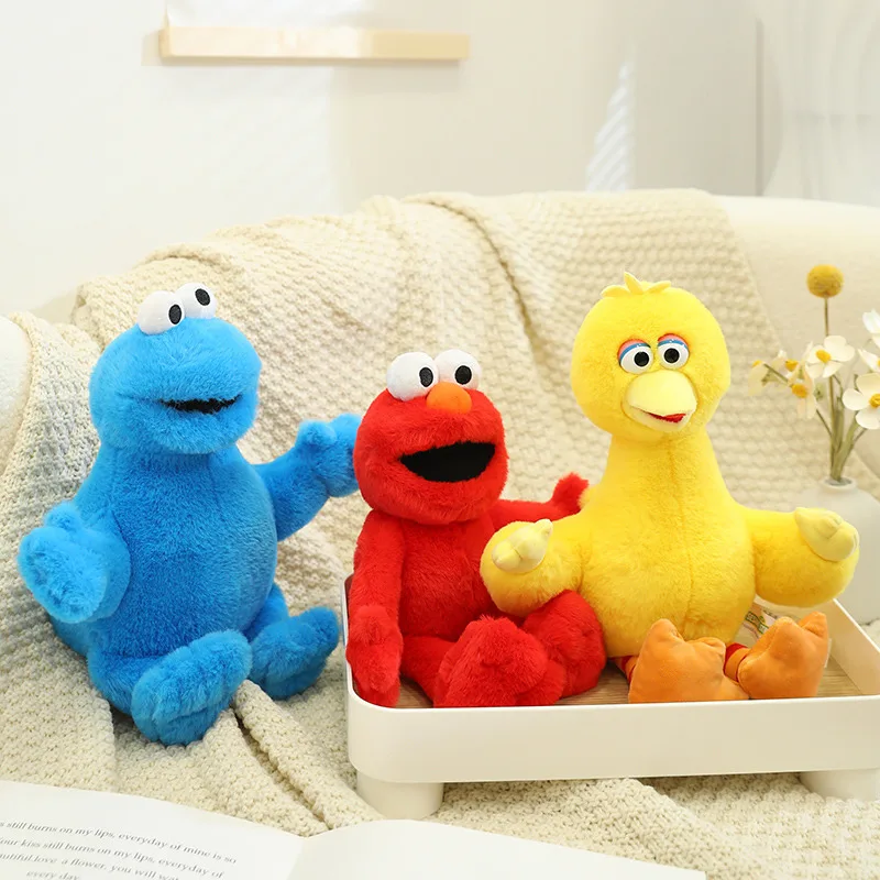 Boneca de pelúcia Sesame Street para crianças, brinquedos super macios, Elmo vermelho e azul, biscoito, pássaro amarelo e grande, presente de aniversário