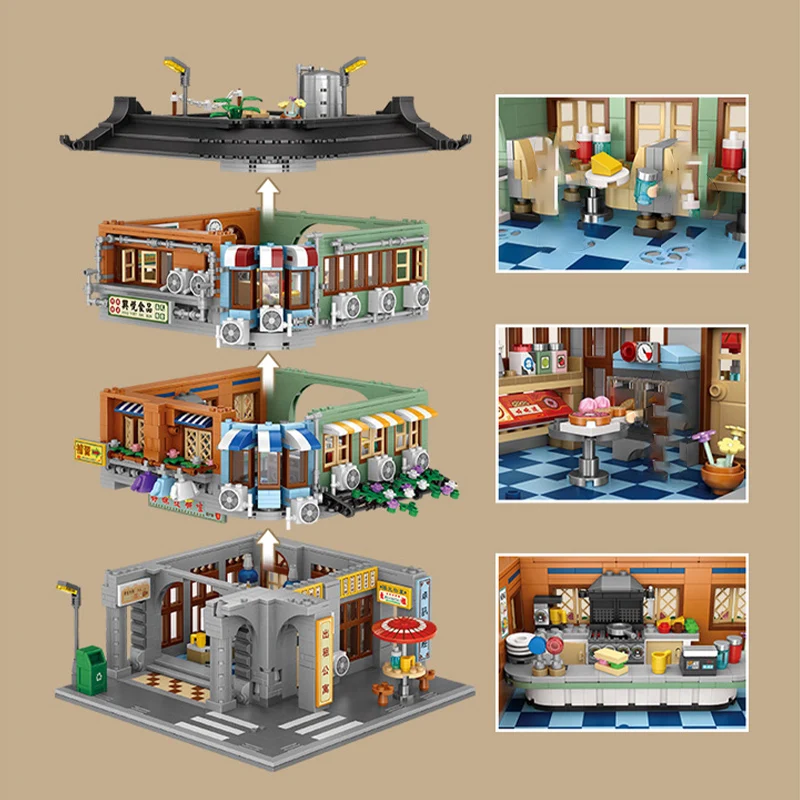 City Hongkong Retro Street View Building Blocks Creative Corner Commercial Architecture Pharmacy Mini Bricks Construction Toys