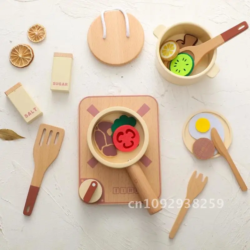 1 Juego de juguetes de madera Montessori para cocina, casa de juego de imitación, herramienta de juguete, utensilios de cocina, regalo, educación temprana sin BPA ​ Simulación infantil