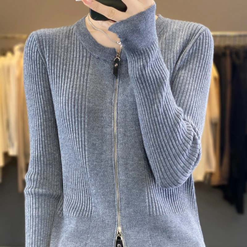 Women's Cardigan Spring/Autumn Solid Wool Sweater Casual Knitwear Slim Fit Ladies Tops Round Neck Jacket Tops Basics Blouse