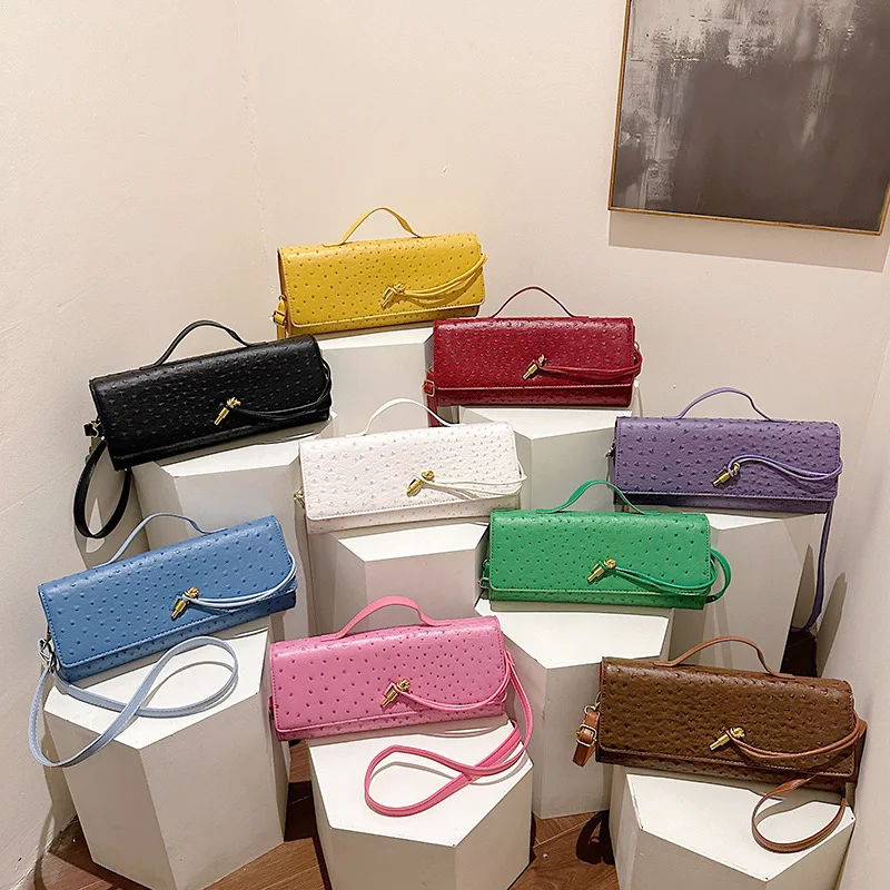

2025 Spring and Summer New Ostrich Pattern Cowhide Dinner Bag Latch Long Hand Shoulder Messenger Women's Bag