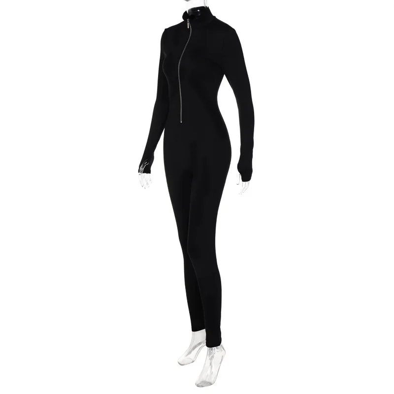 Y2K Halb-Reißverschluss-Jumpsuit mit hohem Kragen, langärmliger, figurbetonter, dehnbarer, eng anliegender Einteiler – Detail 10