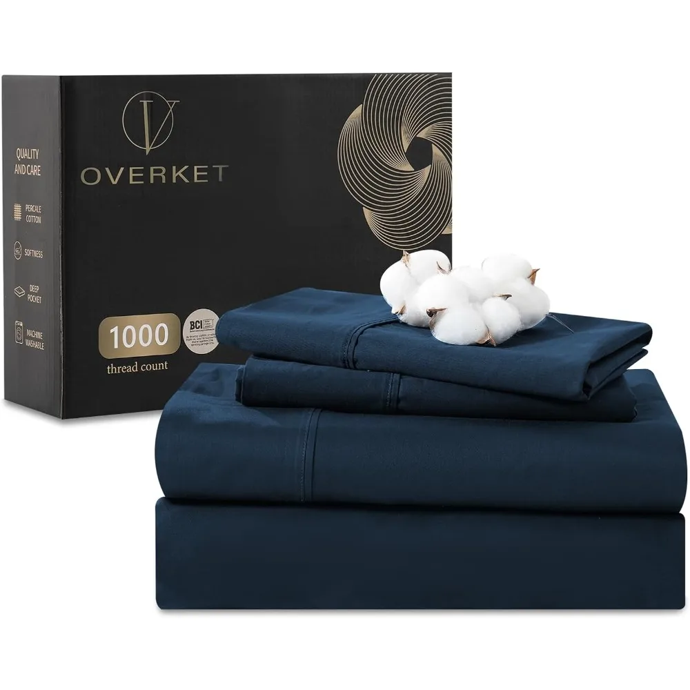 

1000 Thread Count Egyptian Cotton Sheets Queen Size Set Sateen Weave Soft Breathable 16-Inch Deep Pocket 4PCS（Queen,Navy）