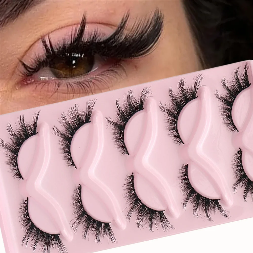 5 Pairs Hypoallergenic Cat Eye False Eyelashes - Natural Look, Fluffy & Soft, Lightweight Cross-Lined Full Strip Lashes