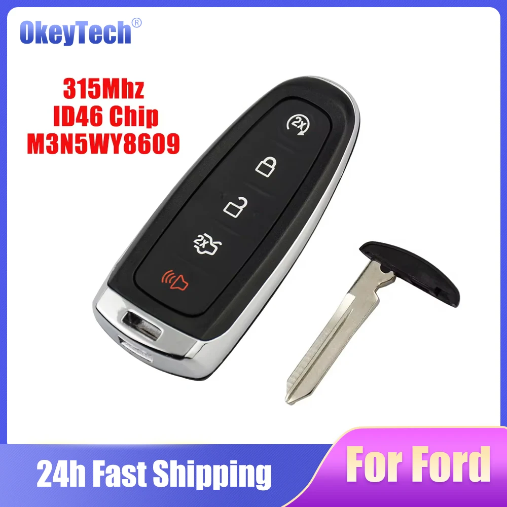 OkeyTech Smart Card Remote Key For Ford Explorer Edge Escape Flex Taurus 315Mhz 5 Button M3N5WY8609 with Insert Blade ID46 Chip