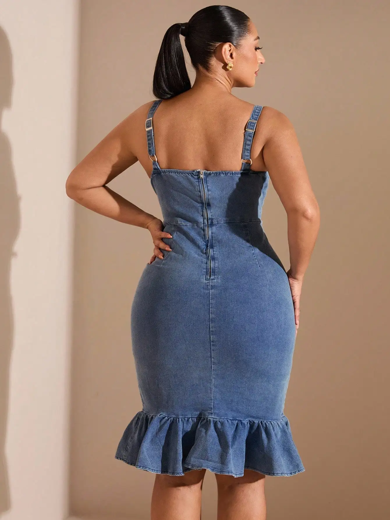 

Denim Bodycon Slip Dress With Ruffle Hem Sleeveless Blue Summer Dress For Women