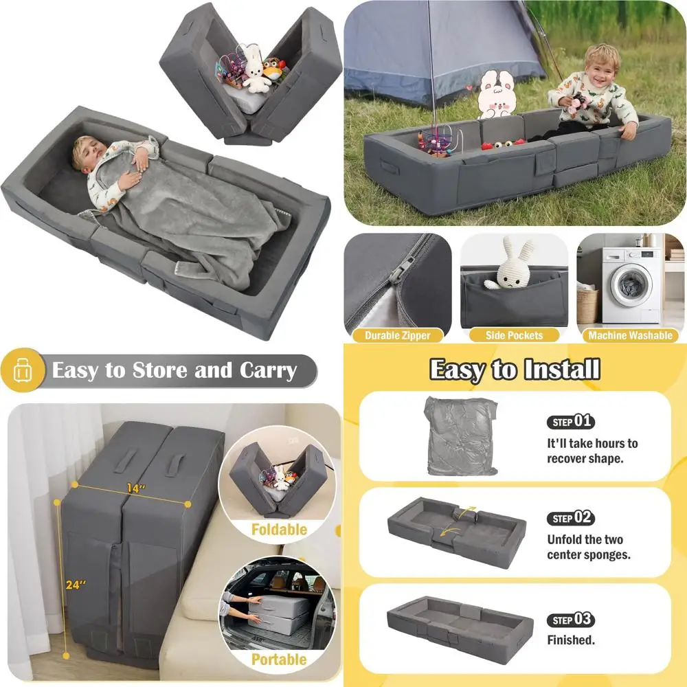 Draagbaar peuterbed van zacht schuim - opvouwbaar, wasbaar, met veiligheidsrails, ideaal voor reizen en thuis, grijs