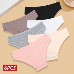 6PCS Women Cotton Panties XS-7XL Large Size Briefs Cotton Ribbed Sexy Lingerie Female Low Rise Breathable Underwear Solid Colors