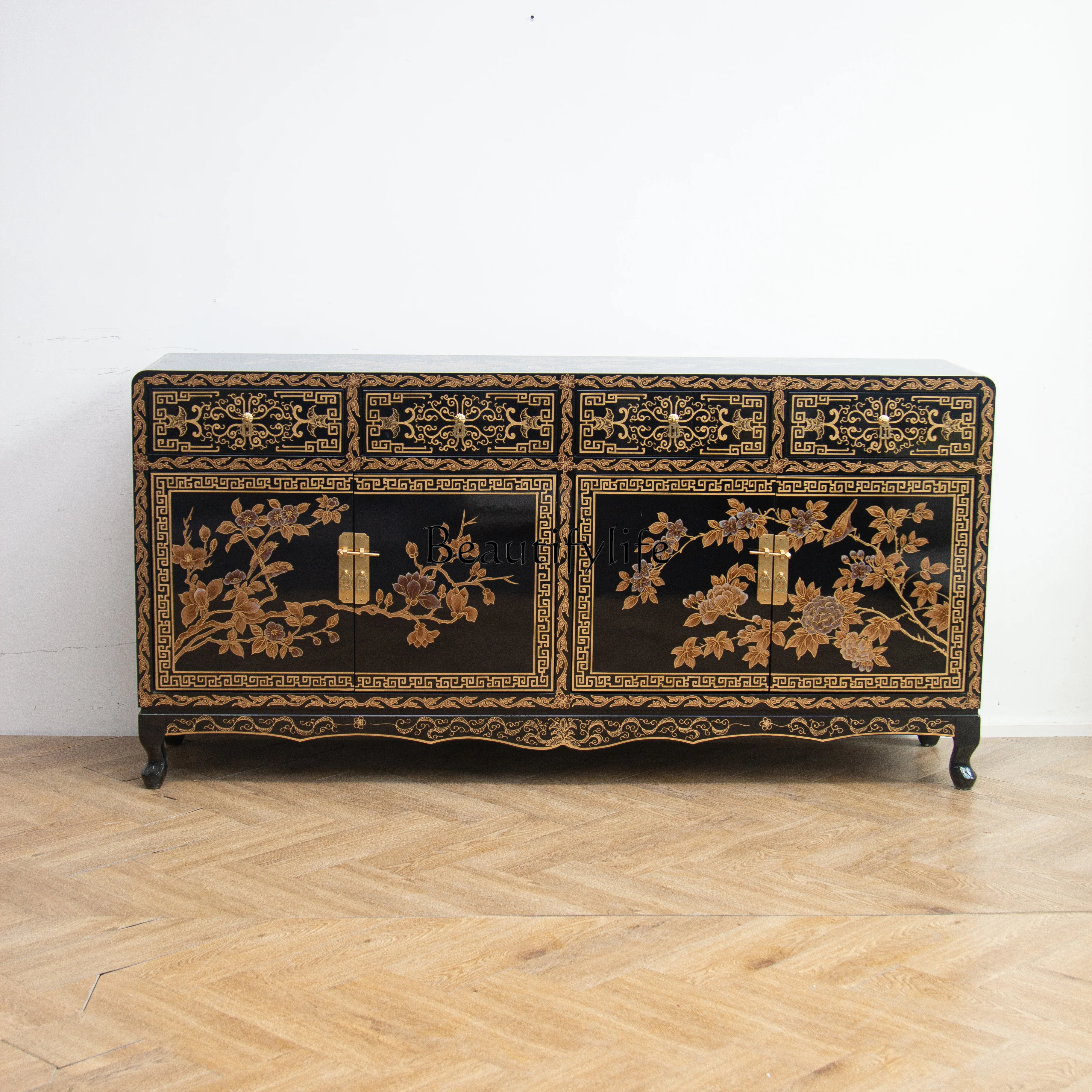 

New Chinese hand-painted gold-painted locker solid wood drawer porch decorative cabinet customization