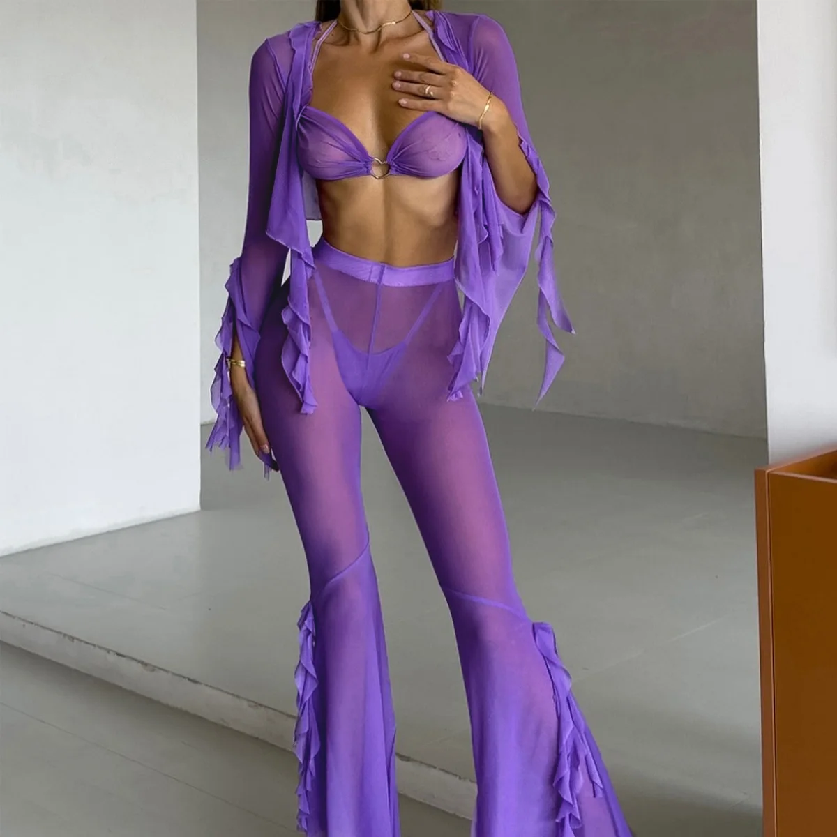 

Women's Purple Erotic Set Sexy Bikini Top High Waist Flare Pants Kimono Cardigan Sheer Beach Outfit Ruffled Boho Chic Vacation