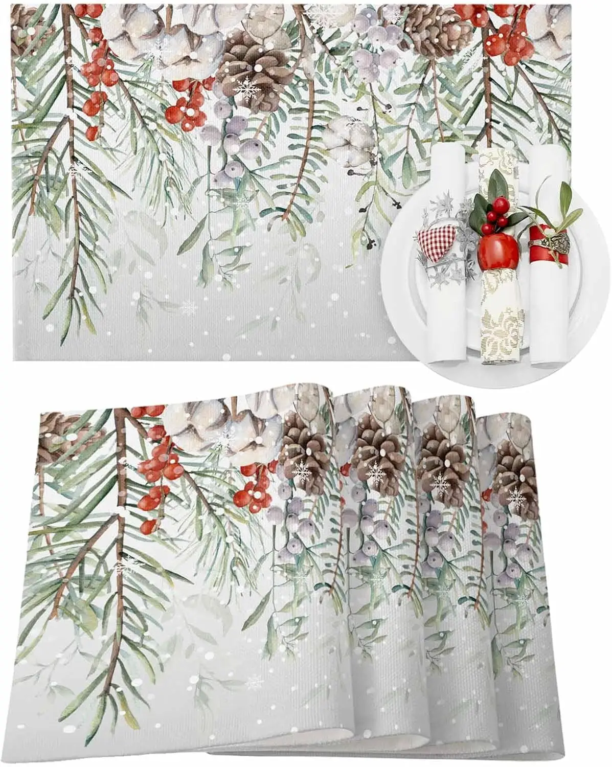 

Christmas Red Berry Green Leaves Table Mats for Kitchen Dining Decor Washable Winter Holiday Placemats Christmas Decorations