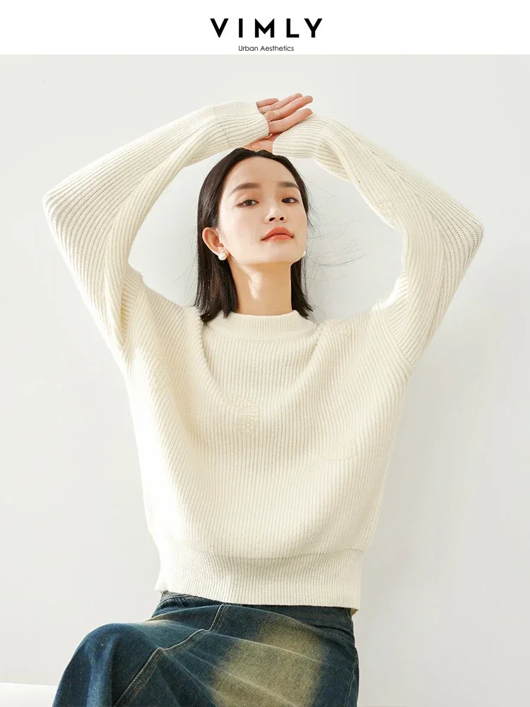 

Vimly Apricot Loose Sweater 2023 Winter Thick O-neck Knitted Pullovers Women's Long Sleeve Top High Strecth Knitwear Women 72575