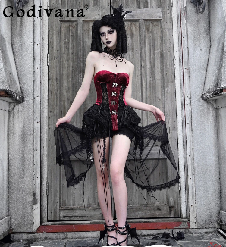 

Gothic Dark Heavy Industry Fishbone Dress Set Female Slim Elegant Fishbone Strap Corset Top Black Y2k Pumpkin Shorts Waistcoat