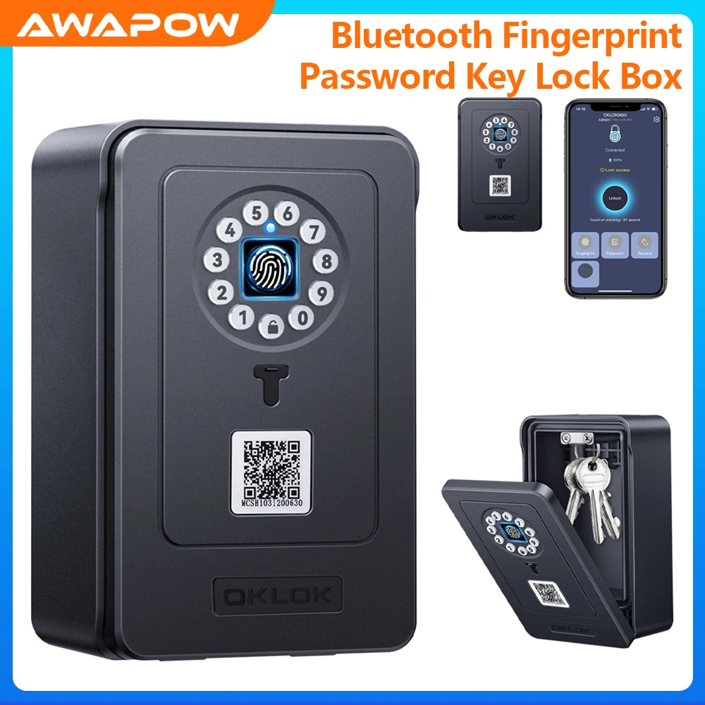 Awapow Bluetooth Password Key Box Anti Theft Fingerprint Key Lock Box Security Outdoor Waterproof Wall Mounted Works with OKLOK