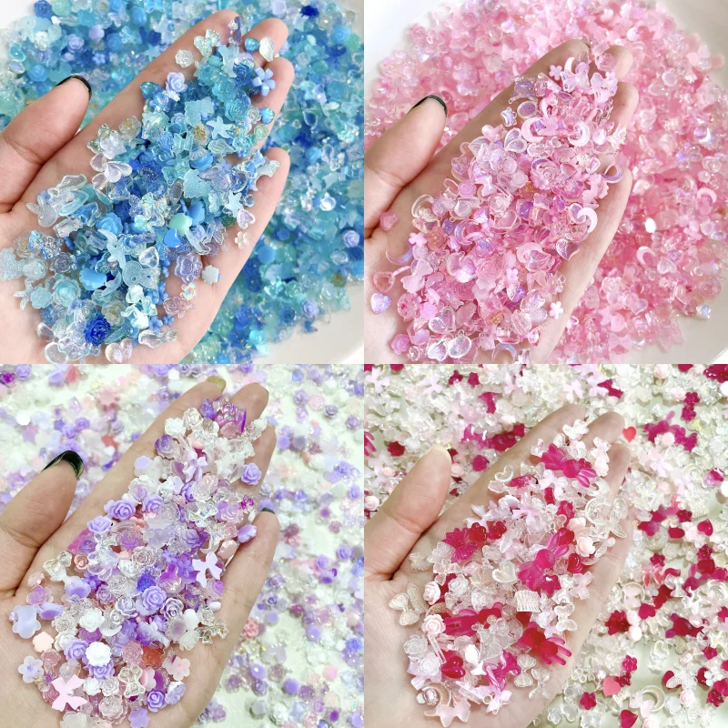 

100pcs 3D Mixed Shapes Cartoon Resin Nail Art Charms Acrylic Ice Transparent Heart Bear Flower Nail Decorations DIY Rhinestones