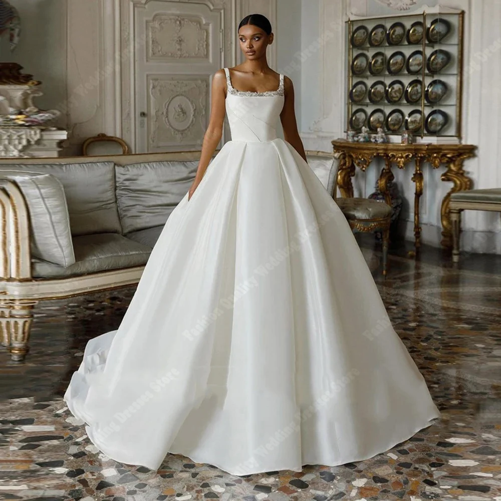 Elegante linha a vestidos de casamento feminino festa grânulo corda vestidos de noiva esfregar comprimento princesa bola vestidos de novias personalizado