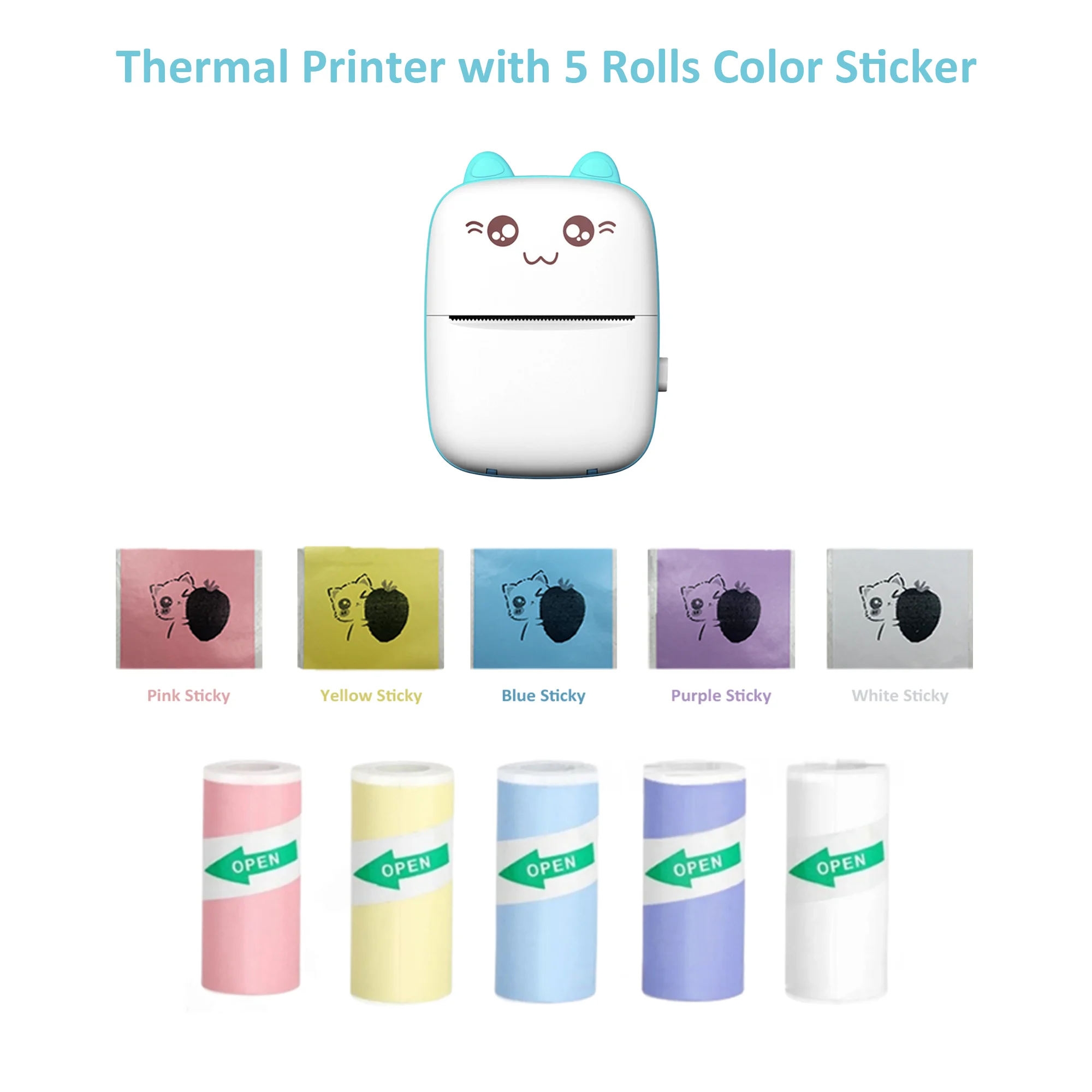 Mini Pocket Printer, Portable Thermal Printer with 5 Rolls Printing Paper Tiny Printer for Photos/Stickers/Labels/Notes/Receipts