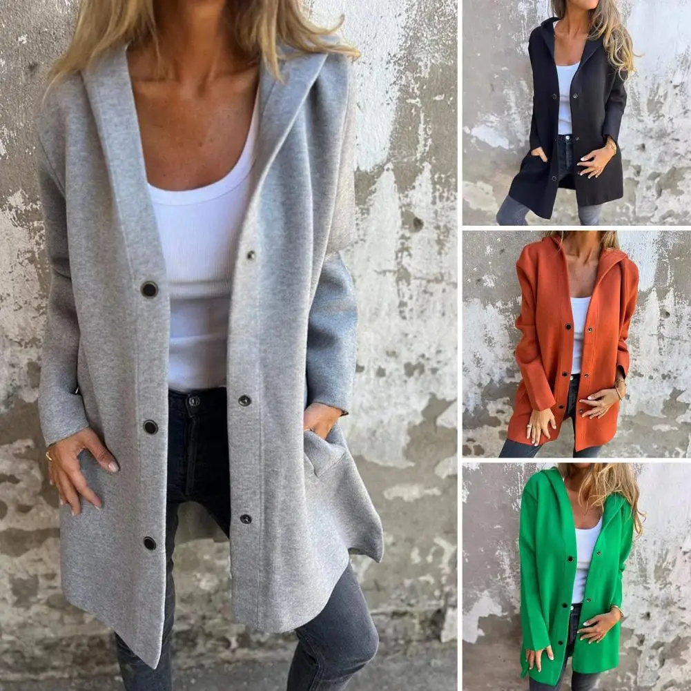 

Women's Hooded Solid Color Long Sleeved Button Pocket Jacket For Autumn/winter 2025 Cardigan Mid Length Outdoor Overcoat