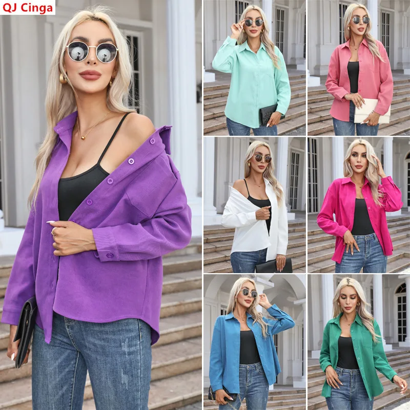 Women's Long-sleeve Collared Shirt for Fall and Winter; A Solid-color, Single-breasted, Brushed, Loose-fitting Casual Shirts.