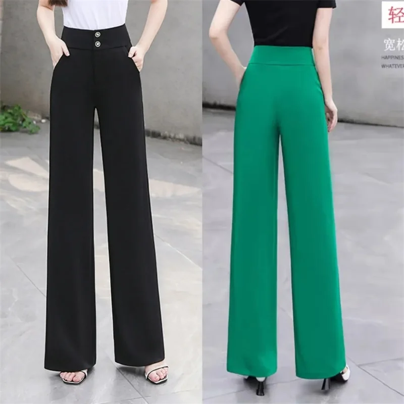 

Womens Pants New Green High-waisted Wide-leg Pants Women's Summer Spring High-waisted Slim Loose Drape Straight Casual Trousers