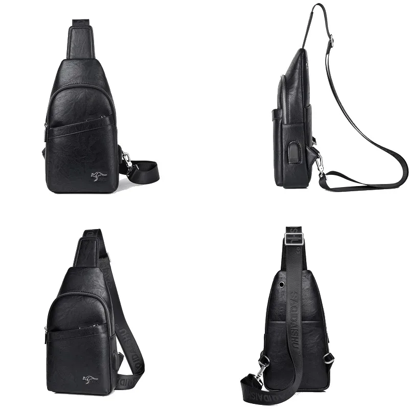 Men's Chest Bag Large Capacity PU Leather Crossbody Shoulder Bags with USB charging port Casual Trend