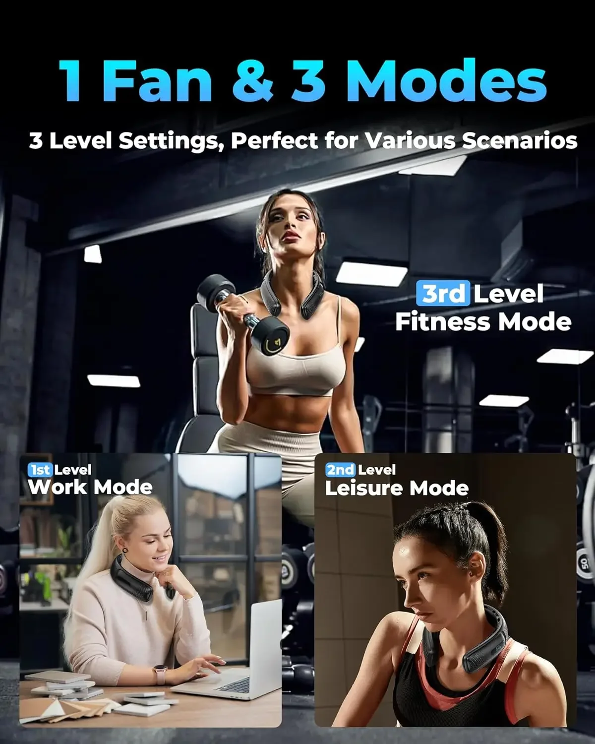 휴대용 목걸이 선풍기 냉풍 4단 터보 날개 없는 웨어러블 쿨러 개인용 선풍기 3단 속도 LED 디스플레이 4000mAh & C타입 360 °   냉각