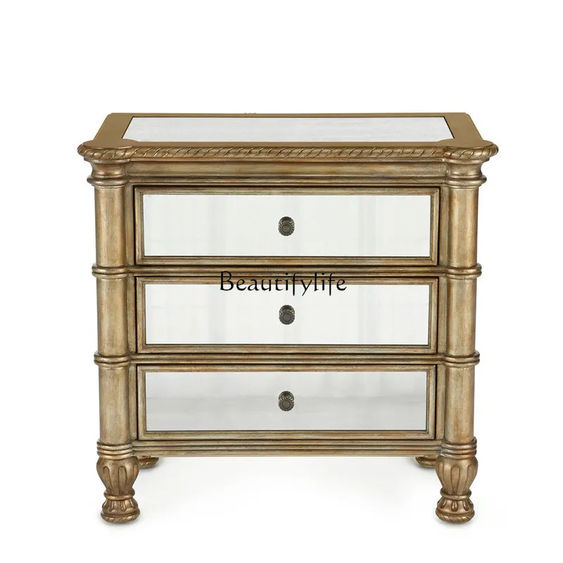 

American neoclassical solid wood carving flower bedside table master bedroom mirror bedside locker