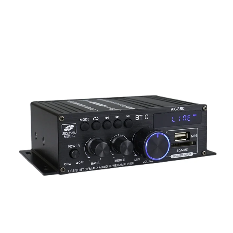 Amplificador de potência Ak380 para carro, estéreo Bluetooth, Home BASS, amplificador de áudio, leitor de música, classe D, FM, USB, SD, 800W, 12V