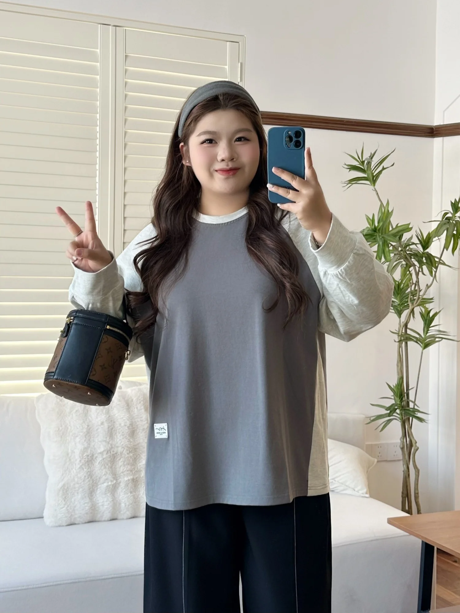 

Spring round Neck Color Block T-Shirt plus Size Women's Basic Shoulder Insert Design Slimming Versatile Cotton Blend Tops