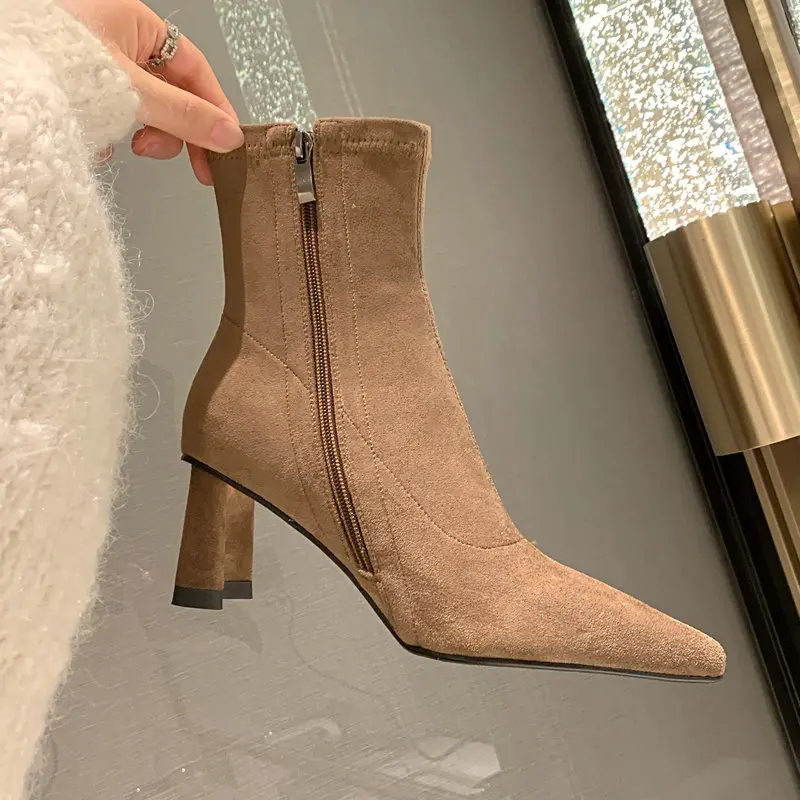 

2022 Women Ankle Boots Autumn Winter Pointed Toe Thin High Heels Fashion Concise Casual Cow Suede Leather Shoes Woman