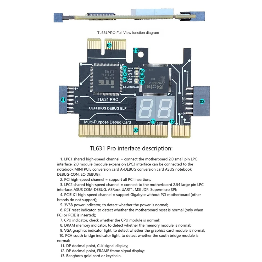 Imagem -06 - Pro Portátil Universal Pci Diagnosticar Cartão Pci-e Mini Lpc Placa-mãe Analisador de Diagnóstico Testador Debug Cartões Tl631