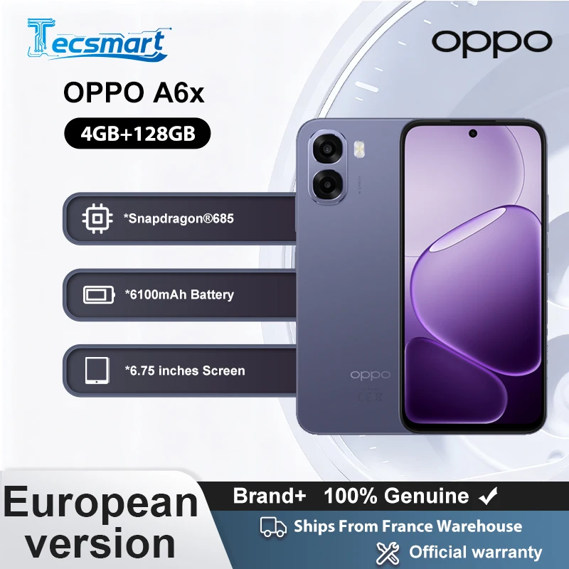 Teléfono inteligente - OPPO A6x 4 GB + 128 GB azul, versión europea, 6100 mAh, pantalla de 6,75 pulgadas, garantía oficial, ColorOS 15.0, garantía oficial
