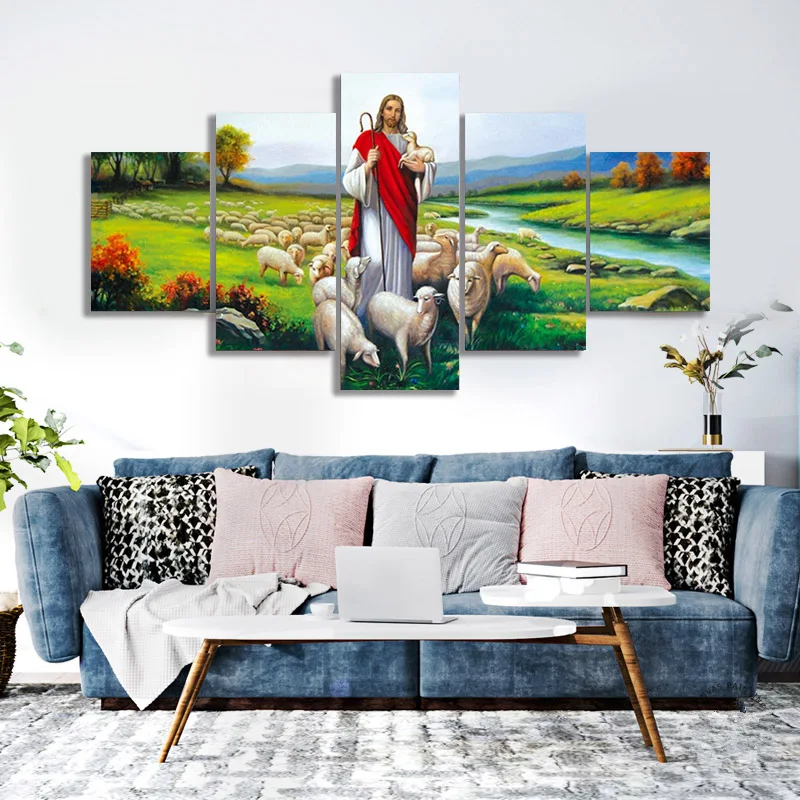 

5 Pieces of Jesus and the Flock on Canvas Printed Art Modern Wall Art HD Poster Living Room Corridor Home Decoration Framework