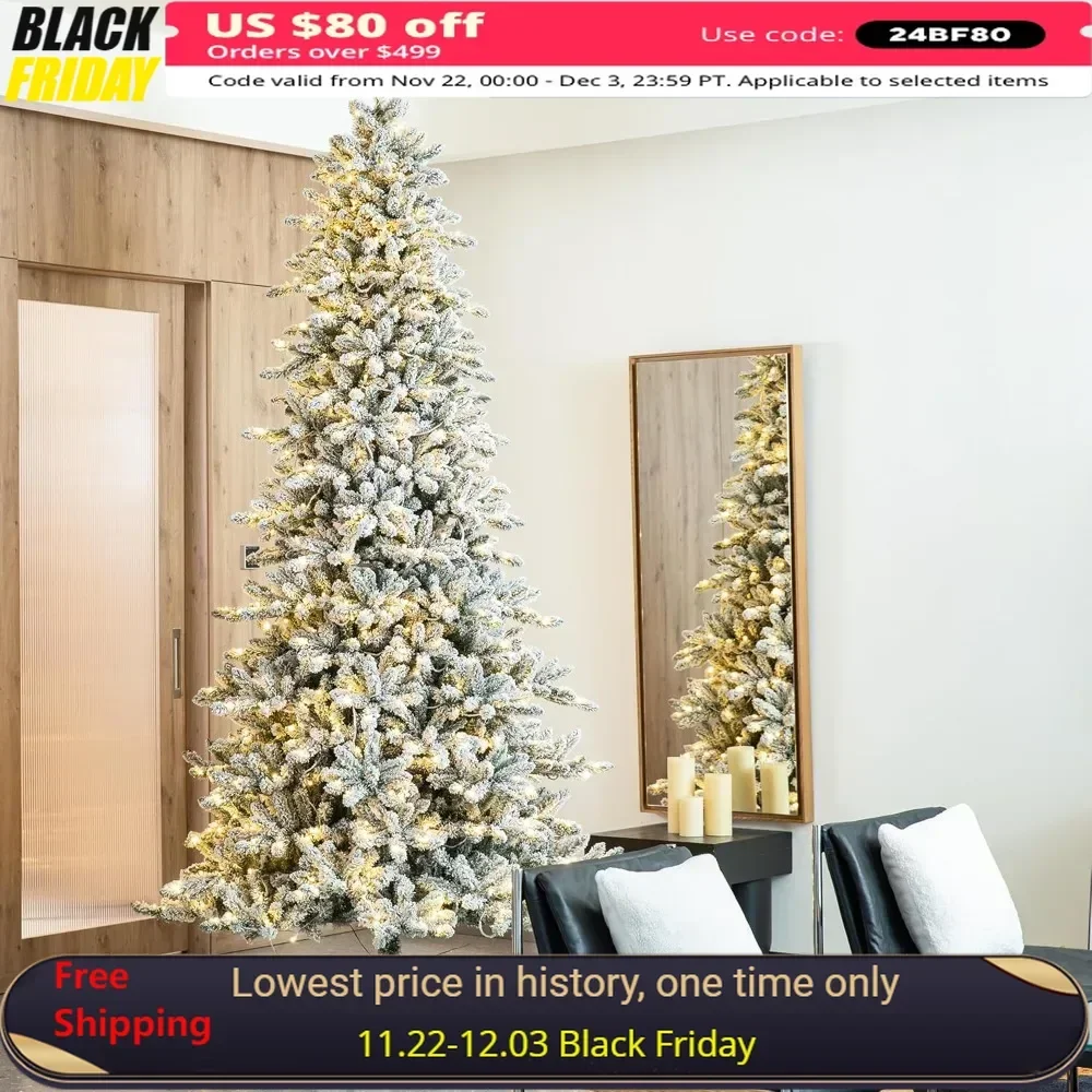 10ft Christmas Tree with 750 Warm White Lights, Sturdy Metal Stand, Pre-Lit Flocked Fir Artificial Christmas Tree