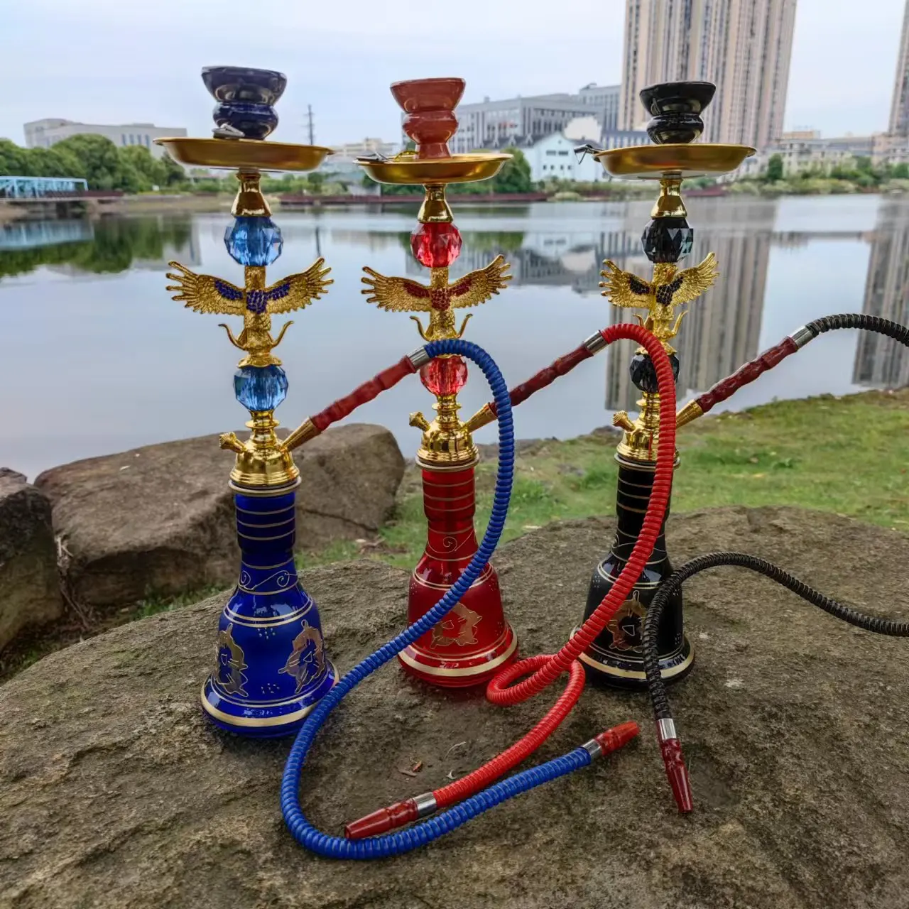 Hookah Set with Glass Bottle Silicone Tube Clip and Handle Resin Stainless Steel Hookah Set Nargile Sheesha