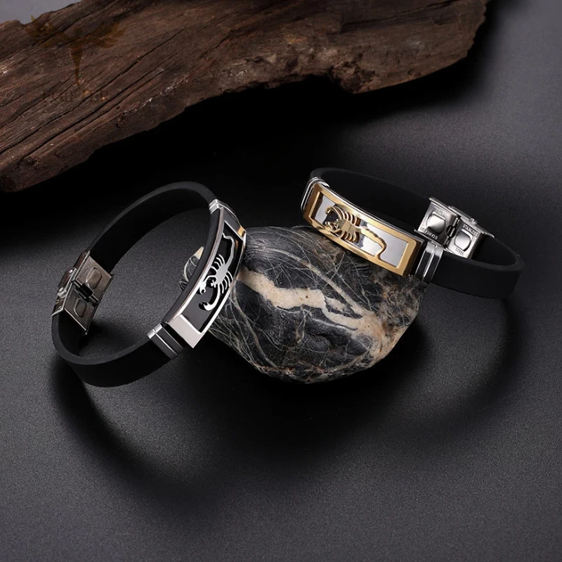 Pulsera de escorpión Punk para hombre y mujer, brazalete de silicona con hebilla de acero inoxidable, joyería Vintage