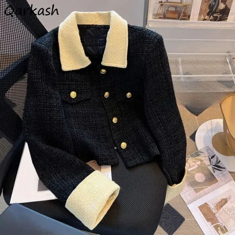 

Cropped Women Blends Winter Loose Vintage Panelled Gentle Office Lady Lapel Chic Sweet Temper French Style Outerwear All-match