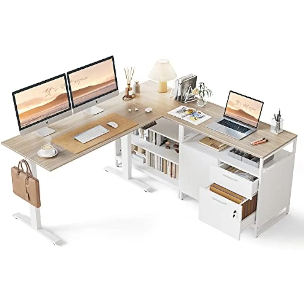 L-Shaped Executive Standing Desk with File Cabinet and Shelves, Electric Height Adjustable, Light Walnut