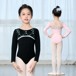 Girls Ballet Leotards Embroidery Mesh Splice Long Sleeves Dance Gymnastics Leotard Cotton Ballet Dancing Bodysuit for Kids