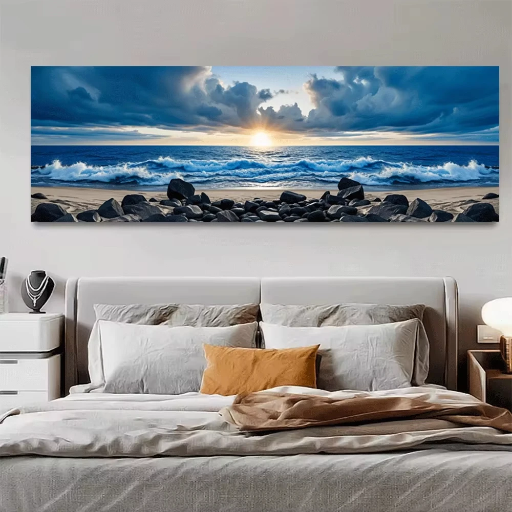 Large Ocean Sunset Beach Waves Rocks Sky Clouds Landscape Canvas Poster Nature Sea View Print Wall Paintings Decor No Frame