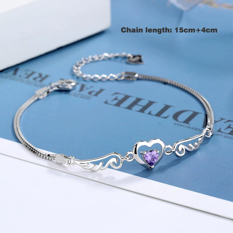 Hot 925 Sterling Silver Love Heart Angel Wing CZ Jewelry Set Purple AAA Zircon Pendant Necklace And Bracelet Women Fashion Gift