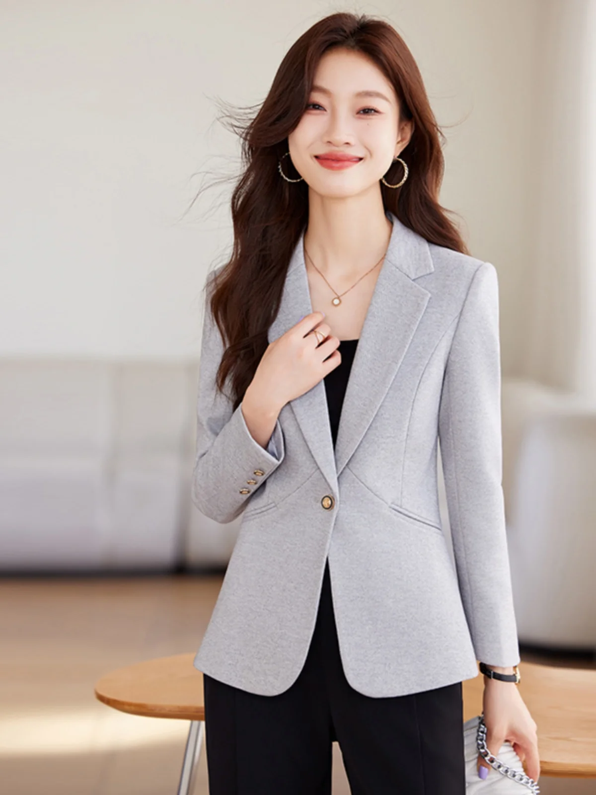 

Женский осенне-зимний повседневный костюм в корейском стиле, длинный пиджак из полиэстера, для работы и повседневной носки, в западном стиле