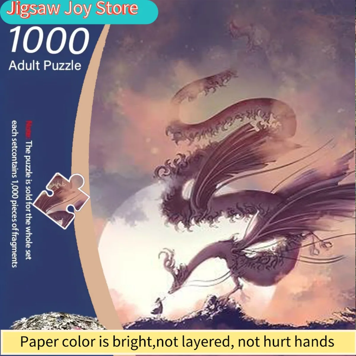 

Пазл для взрослых на 1000 элементов - Фэнтезийный дракон и ночное небо с полной луной, дракон, парящий в облаках, сложный пазл на 1000 элементов