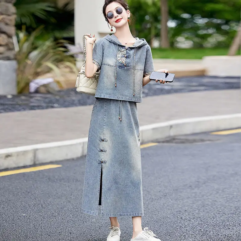 2024 Summer New Chinese Style Denim Two-piece Sets Women Clothes Casual Embroidery Streetwear Ladies Short Sleeve Hooded Suit