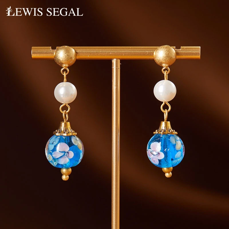 

LEWIS SEGAL Retro Pearl Glazed Dangle Earrings for Women Elegant Style Luxury Fine Jewelry 18K Gold Plated Casual Party Gift