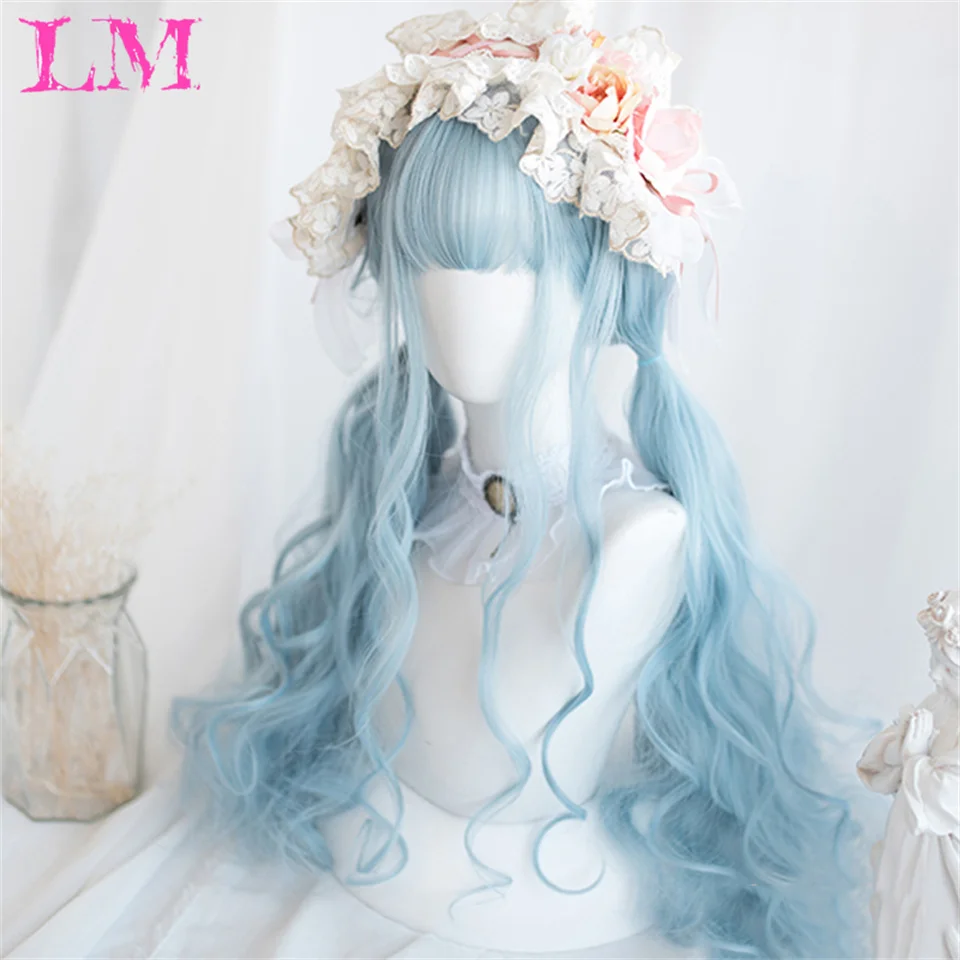 Lm cor azul perucas sintéticas com bang longo natural ondulado peruca de cabelo para uso diário feminino cosplay drag queen resistente ao calor