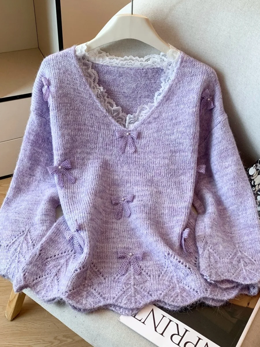 

Lace Trim V-Ne Sweater Women's Autumn Winter Loose Lazy Sle Knot Knitted irt Korean Sle Long Sve Regular...
