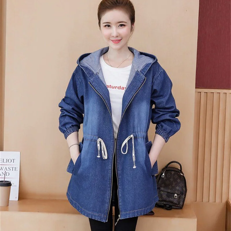 

Модный весенне-осенний джинсовый плащ, женская ветровка с капюшоном, свободные джинсовые пальто большого размера, женская верхняя одежда с принтом на шнурке