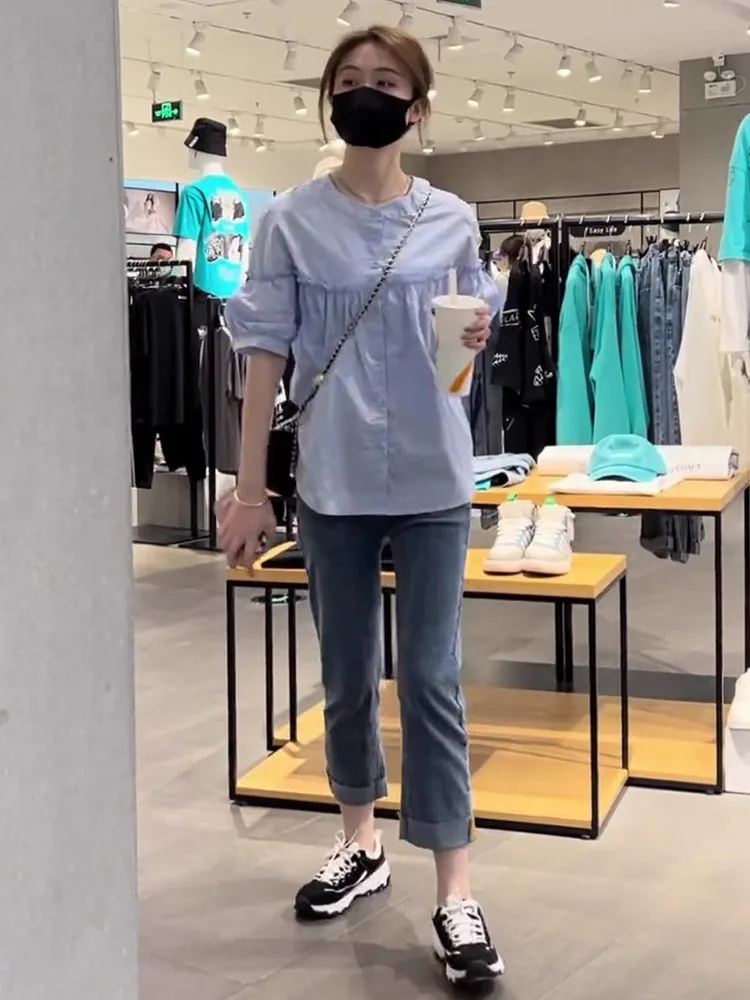 

Casual Fashionable Set Young Looking Wood Grain Short Sleeve Shirt Smoke Tube Jeans Summer Women's Clothing New 2026
